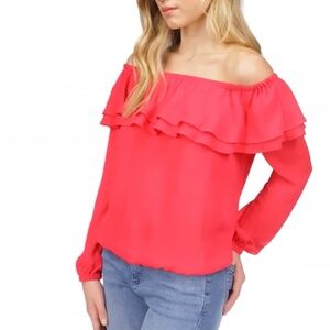 MICHAEL Michael Kors Solid Ruffle Peasant Top, Deep Pink, Long Sleeve Blouse M